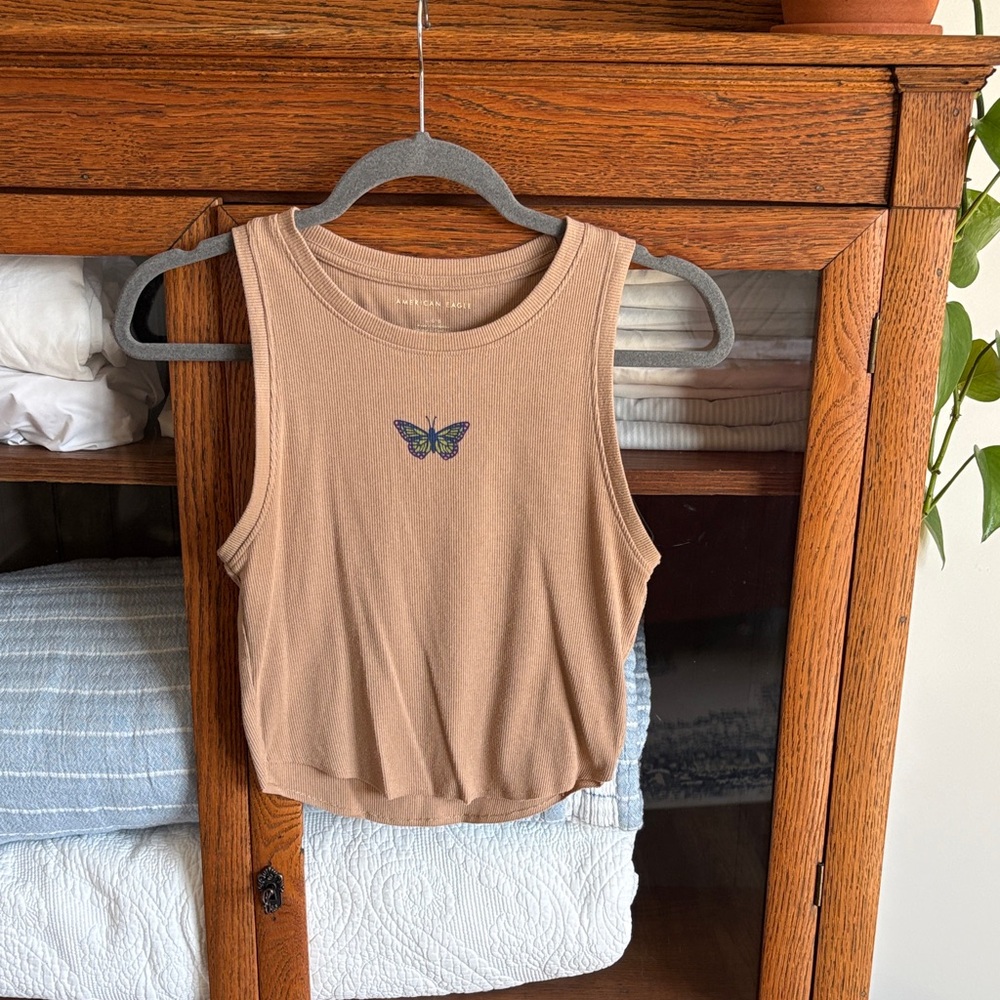 American Eagle Outfitters Tan Tank Top with Butterfly